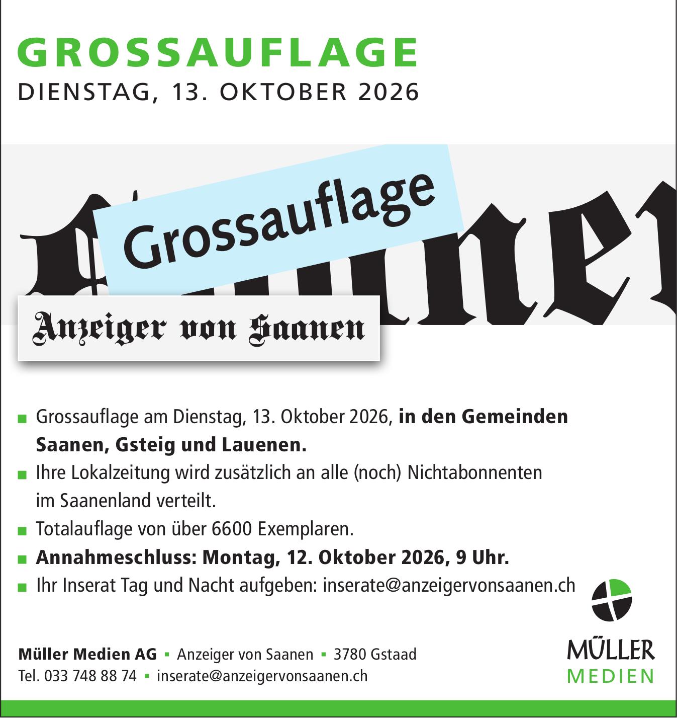 Müller Medien AG, Gstaad - Grossauflage Dienstag, 13. Oktober 2026