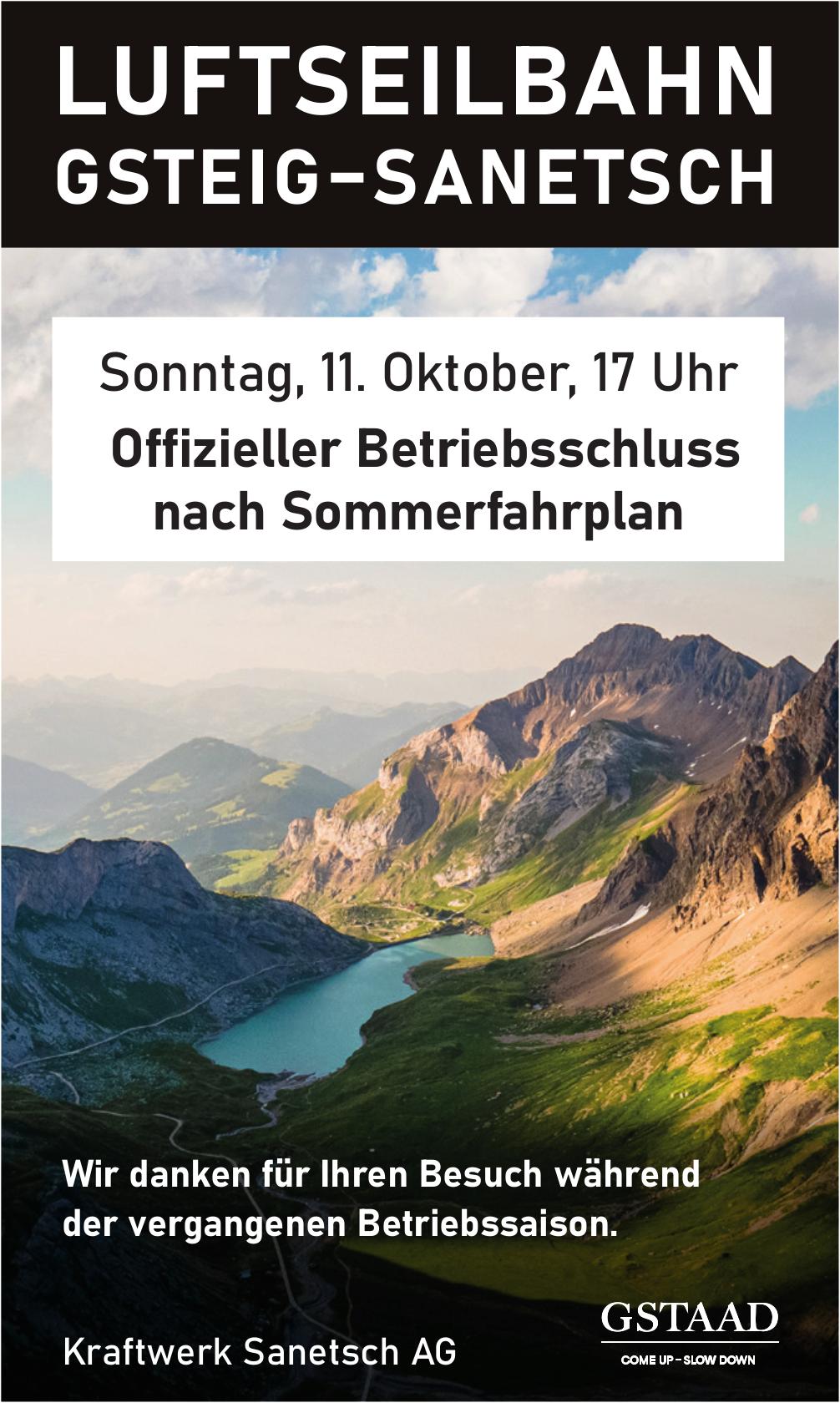 Kraftwerk Sanetsch AG, Luftseilbahn Gsteig - Sanetsch: Offizieller Betriebsschluss nach Sommerfahrplan