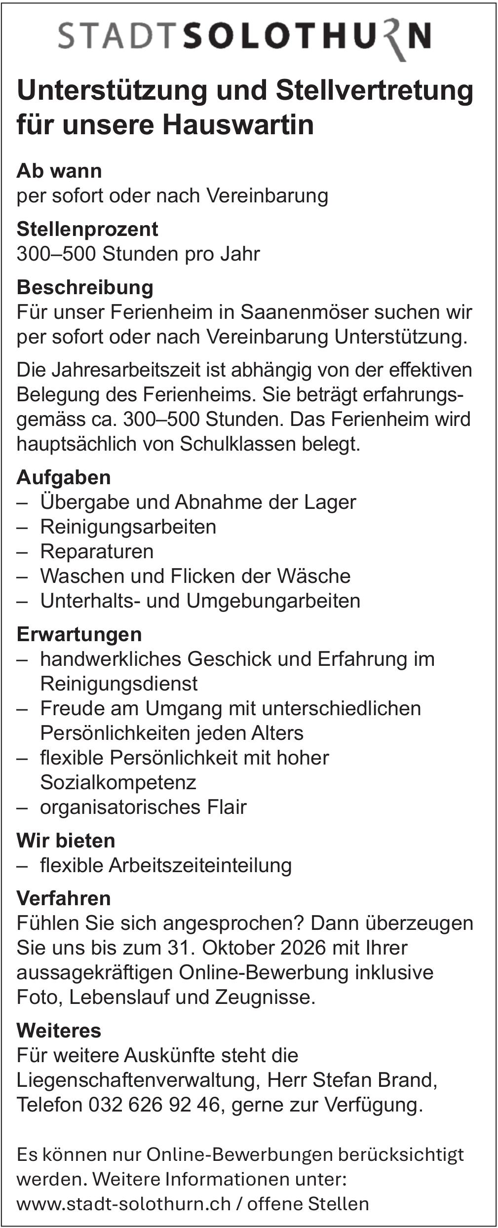 Unterstützung und Stellvertretung für unsere Hauswartin, STADT Solothurn, gesucht