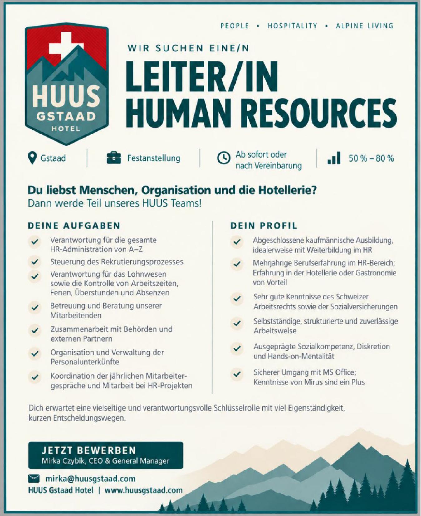 Leiter/In Human Resources, HUUS Gstaad Hotel, gesucht