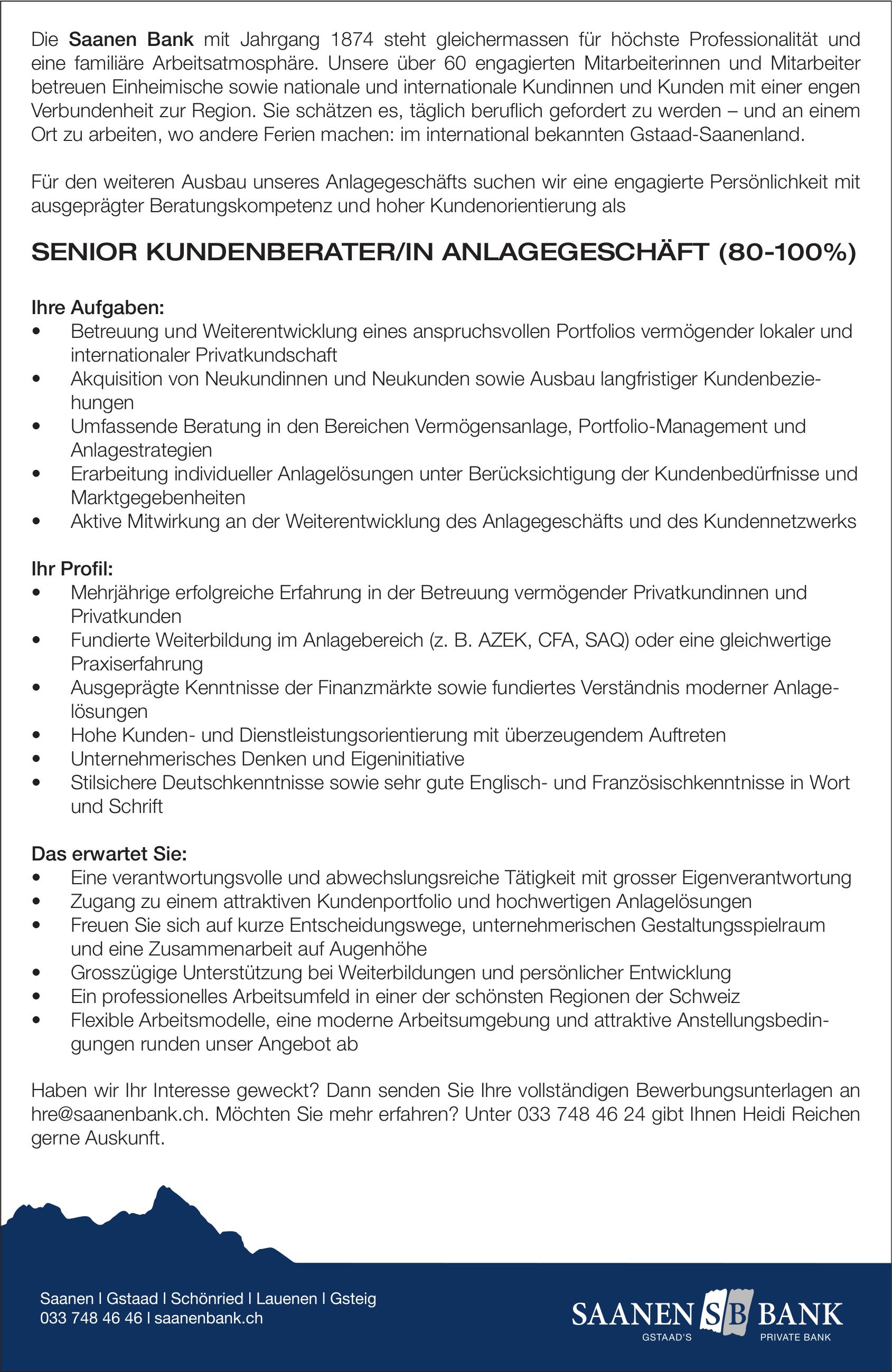 SENIOR KUNDENBERATER/IN ANLAGEGESCHÄFT (80-100%), Saanen Bank, gesucht