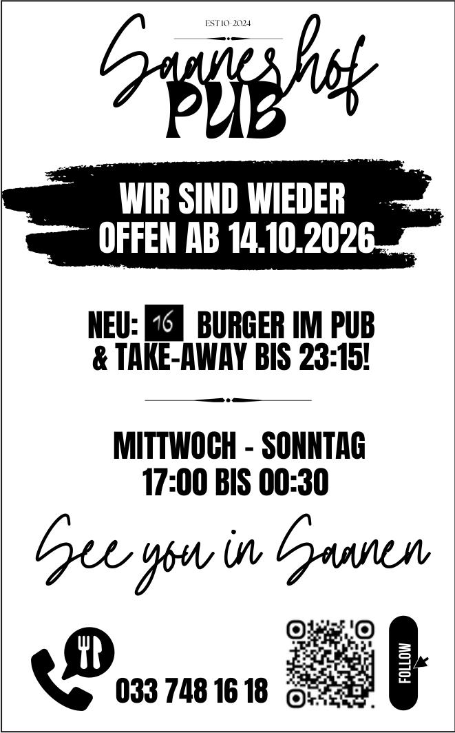Saanenhof PUB, WIR SIND WIEDER OFFEN AB 14.10.2026