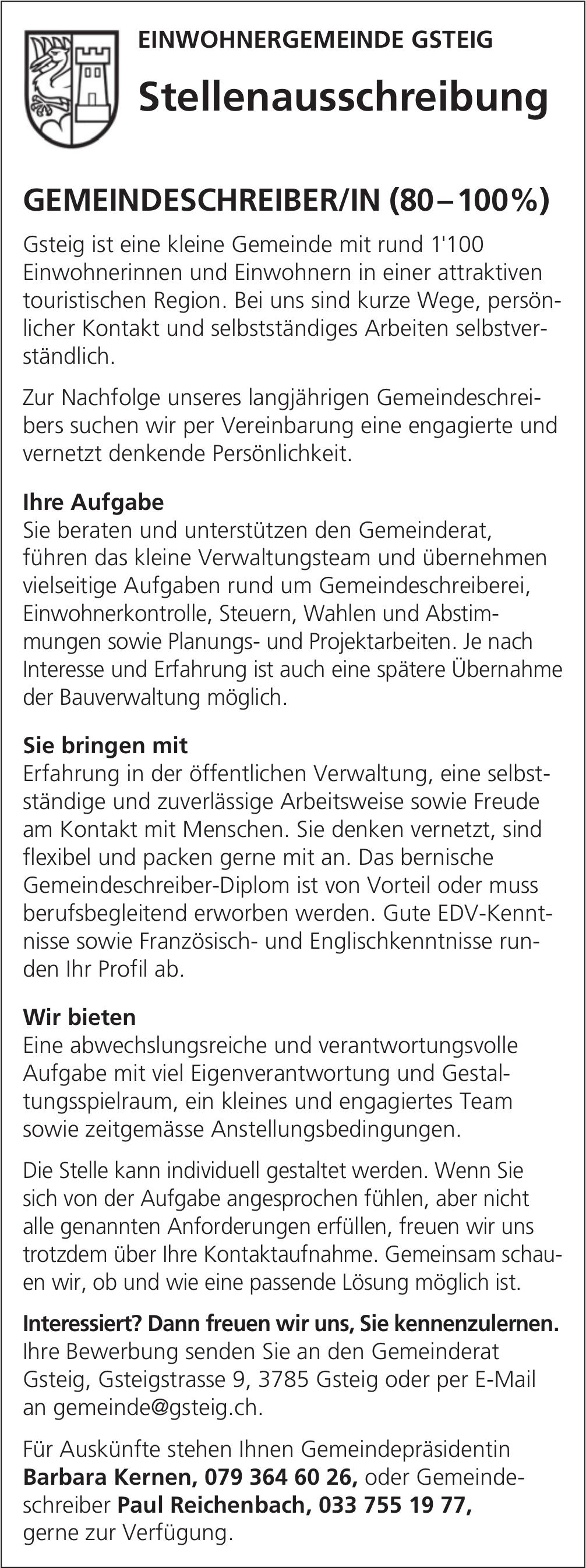 Gemeindeschreiber/In (80–100%), Einwohnergemeinde Gsteig, gesucht