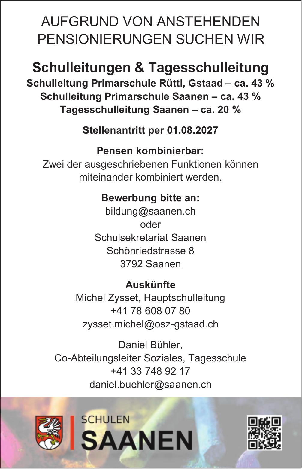 Schulleitungen & Tagesschulleitung, Schulen Saanen, gesucht