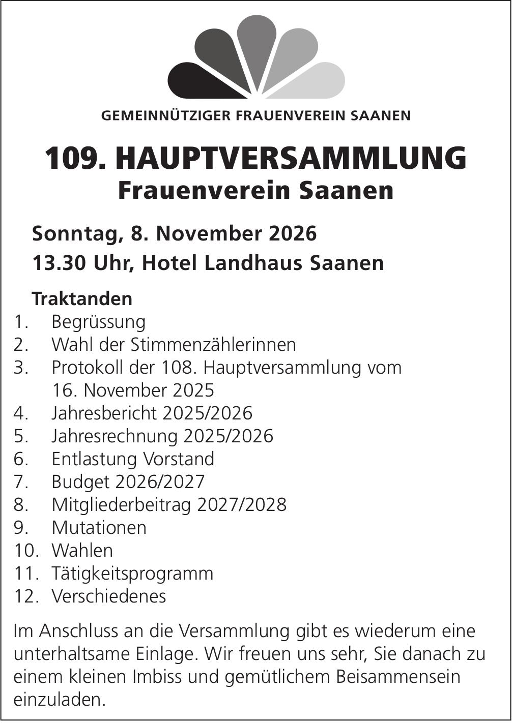 109. HAUPTVERSAMMLUNG, 8. November, Hotel Landhaus Saanen