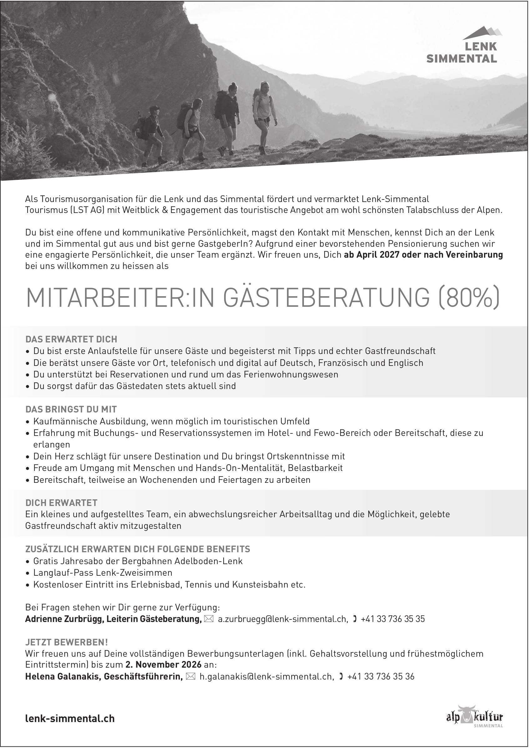 MITARBEITER:IN GÄSTEBERATUNG (80%), Lenk Simmental, gesucht