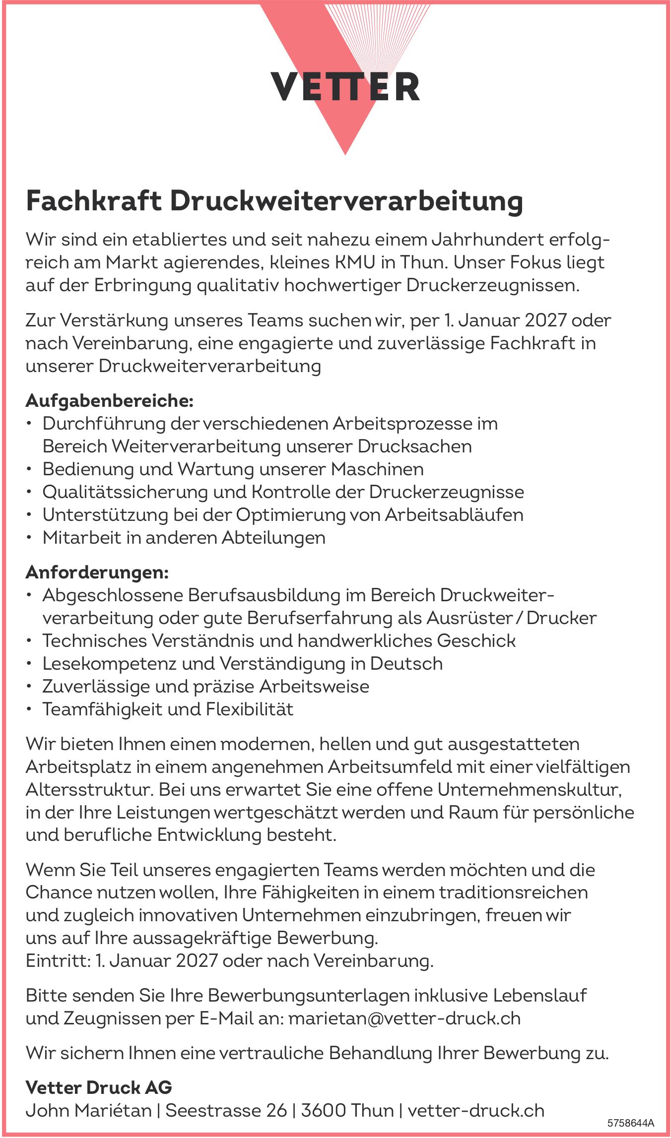 Fachkraft Druckweiterverarbeitung, Vetter Druck AG, Thun, gesucht