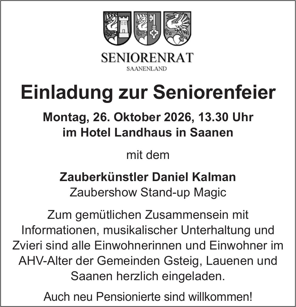 Einladung zur Seniorenfeier, 26. Oktober, Hotel Landhaus in Saanen