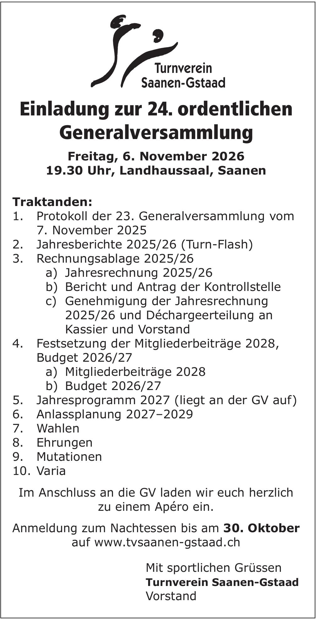 Einladung zur 24. ordentlichen Generalversammlung, 6. November, Landhaussaal, Saanen