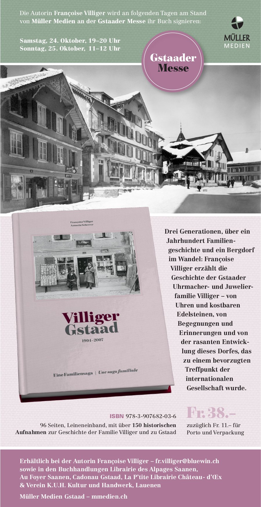 Die Autorin Françoise Villiger wird am Stand von Müller Medien an der Gstaader Messe ihr Buch signieren, 24. - 25. Oktober