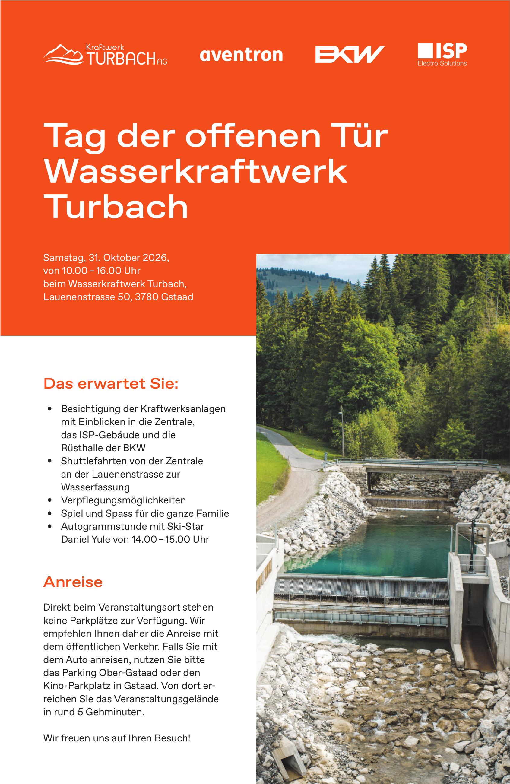 Tag der offenen Tür Wasserkraftwerk Turbach, 31. Oktober, Gstaad