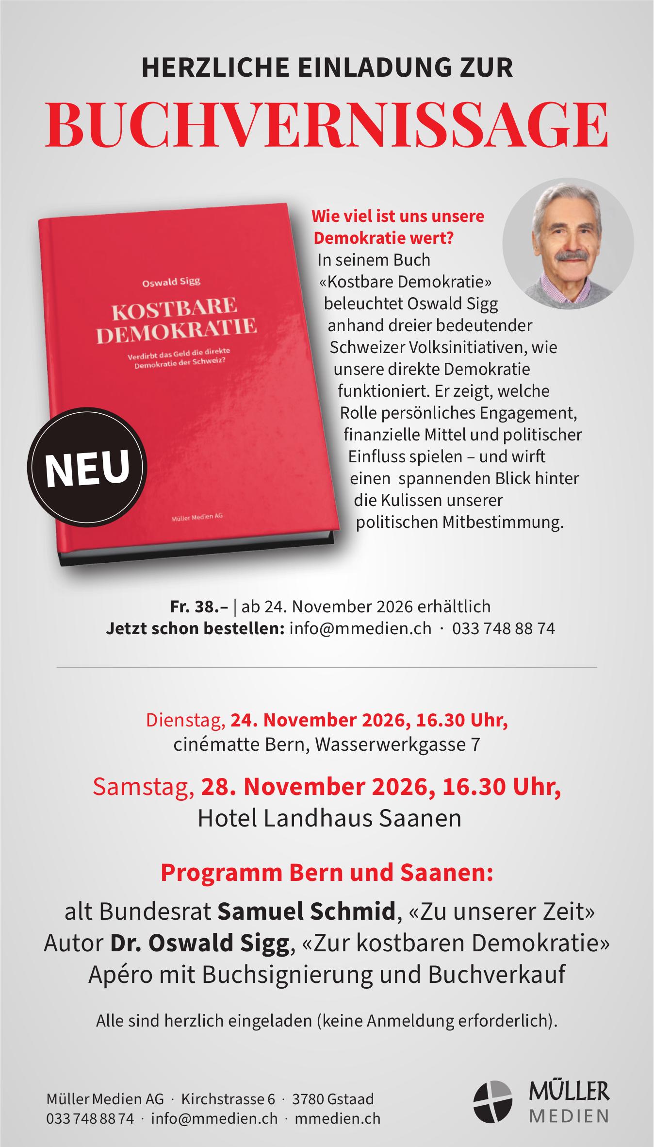 HERZLICHE EINLADUNG ZUR BUCHVERNISSAGE, 24. - 28. November, Gstaad