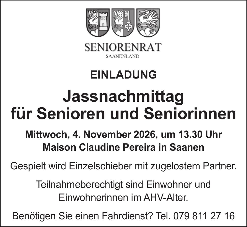 Jassnachmittag für Senioren und Seniorinnen, 4. November, Maison Claudine Pereira