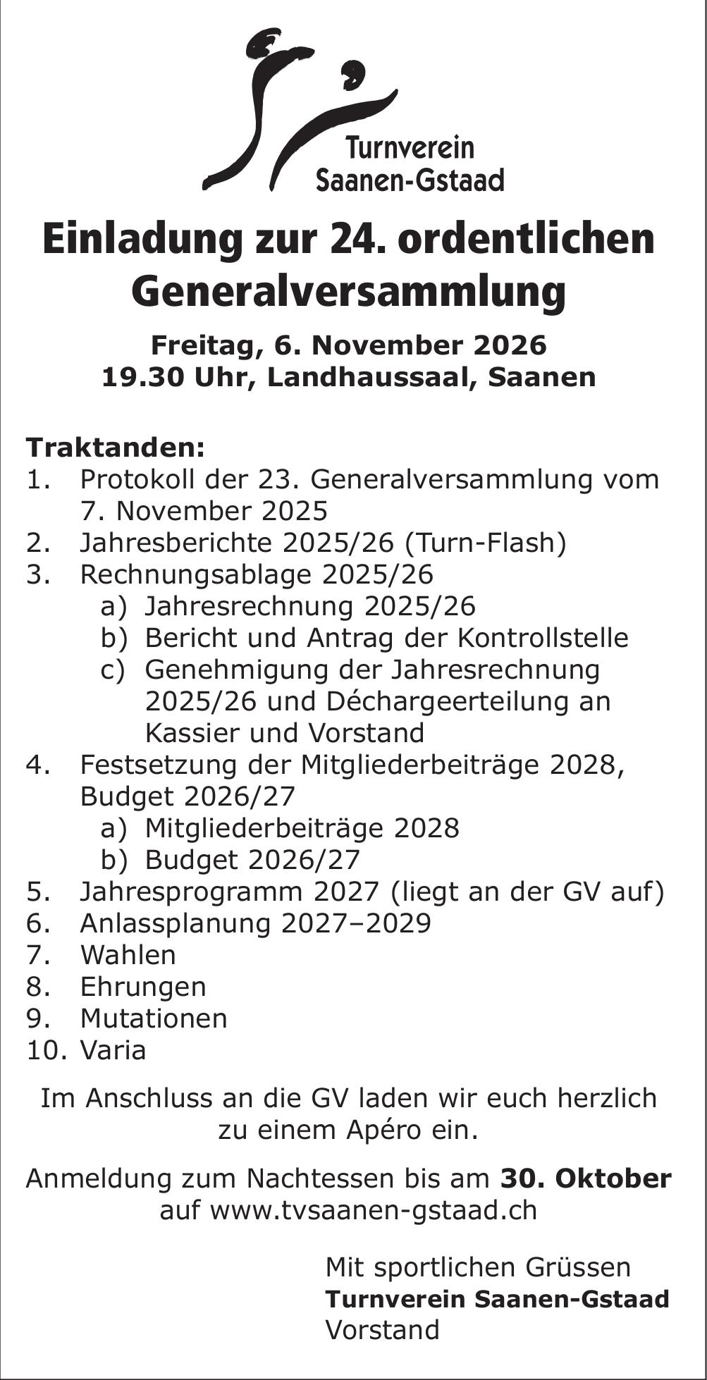 Einladung zur 24. ordentlichen Generalversammlung, 6. November, Landhaussaal, Saanen