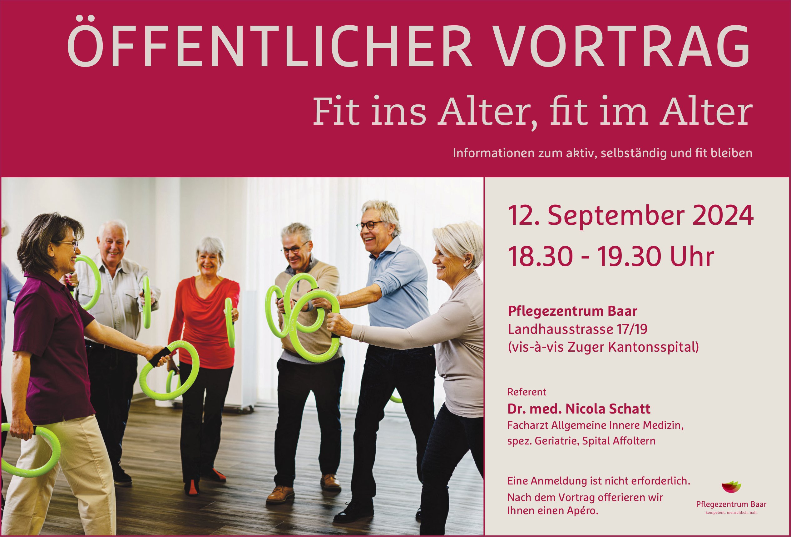 Öffentlicher Vortrag: Fit ins Alter, fit im Alter, 12. September, Pflegezentrum, Baar