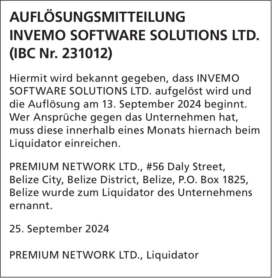 Premium Network Ltd., Liquidator - Auflösungsmitteilung Invemo Software Solutions Ltd. (IBC Nr. 231012)