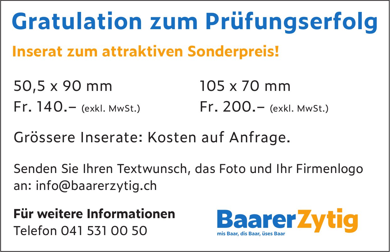 Baarer Zytig, Gratulation zum Prüfungserfolg
