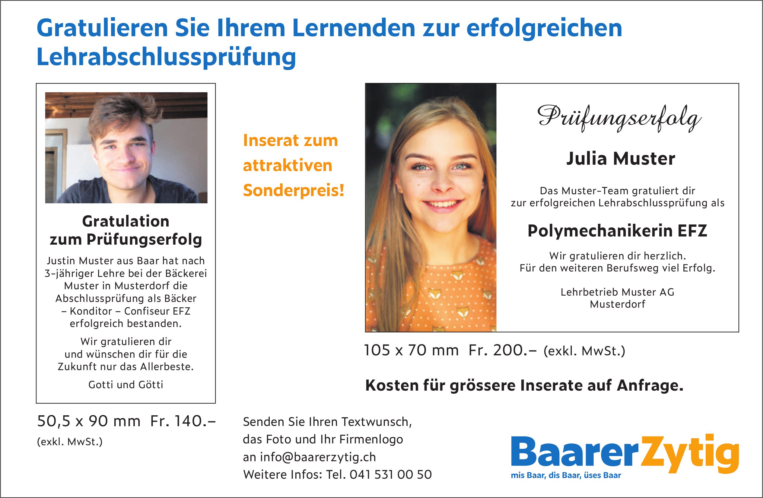 Baarer Zytig, Gratulieren Sie Ihrem Lernenden zur erfolgreichen Lehrabschlussprüfung