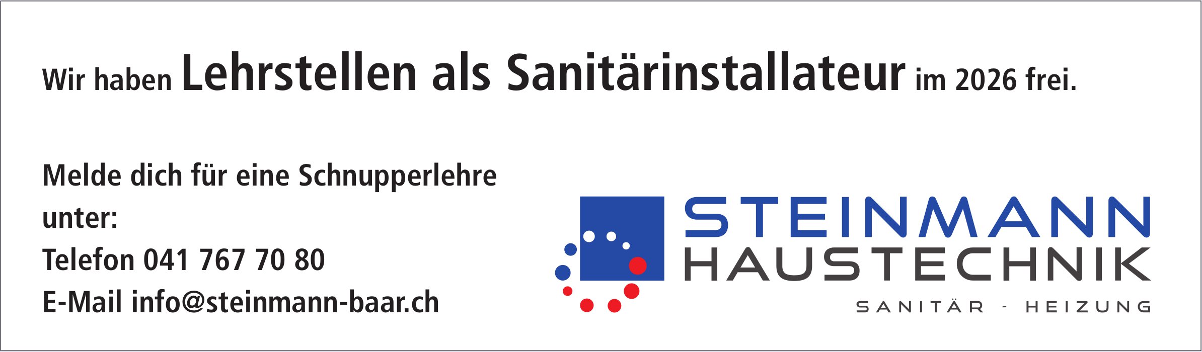 Steinmann Haustechnik AG, Baar - Wir haben Lehrstellen als Sanitärinstallateur im 2026