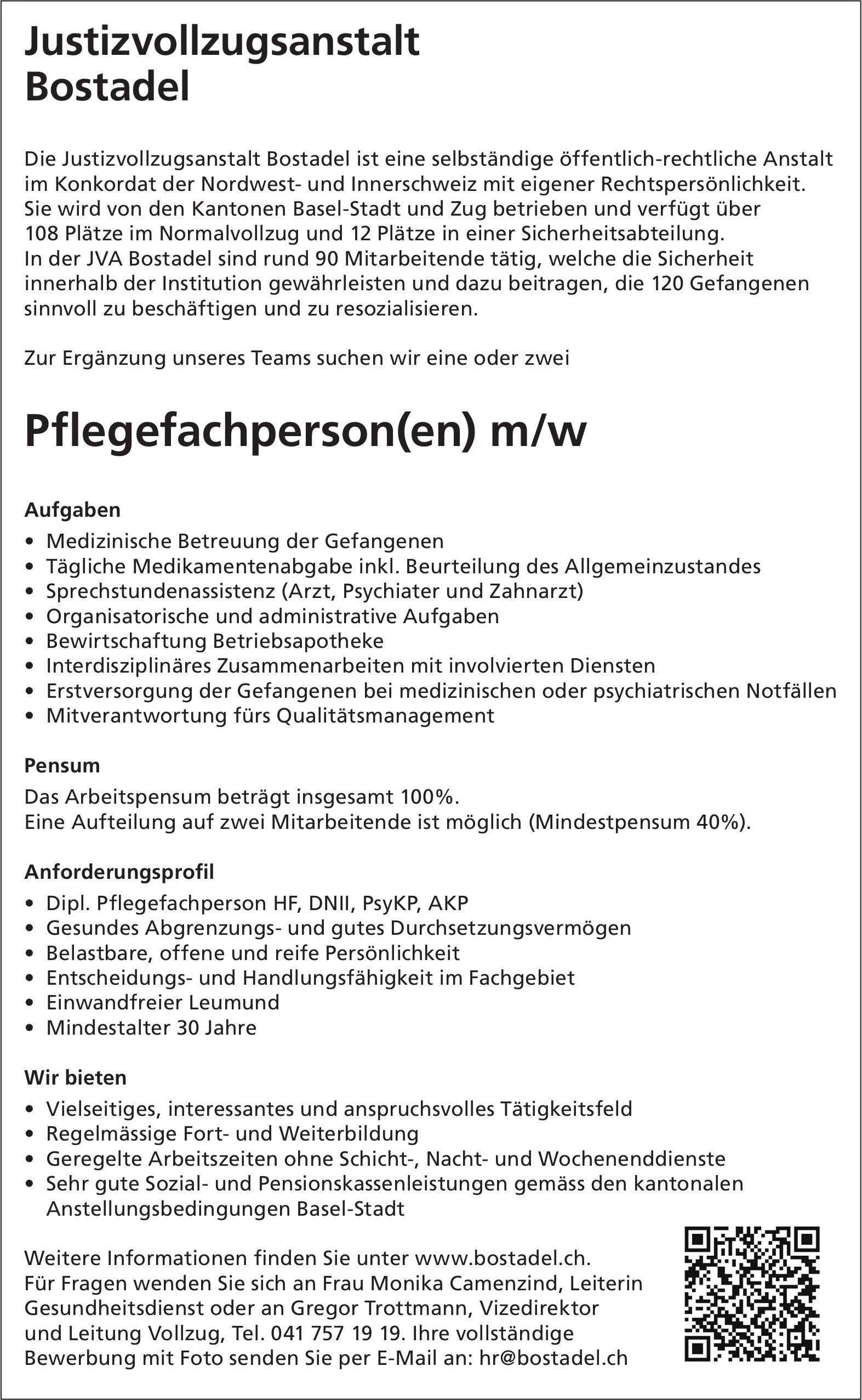 Pflegefachperson(en) m/w, Justizvollzugsanstalt Bostadel, gesucht
