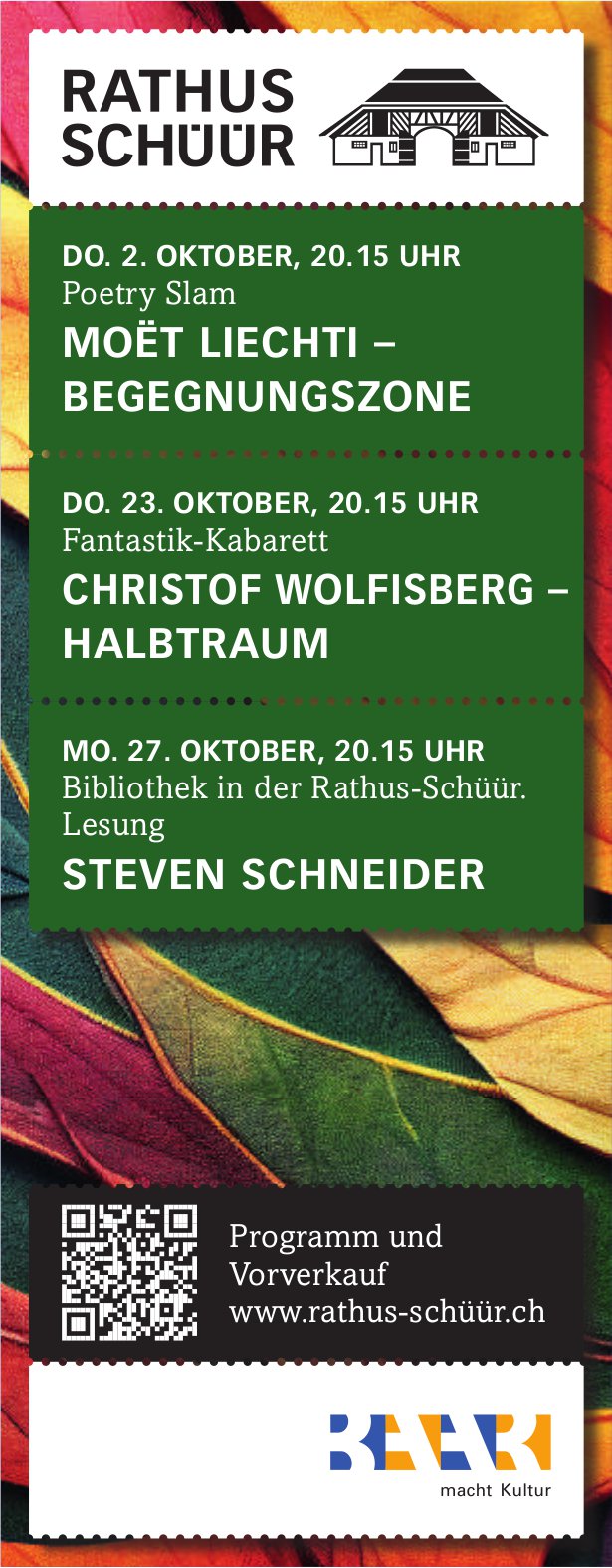Moët Liechti, Christof Wolfisberg und Steven Schneider, 2./23. und 27. Oktober, Rathus Schüür, Baar