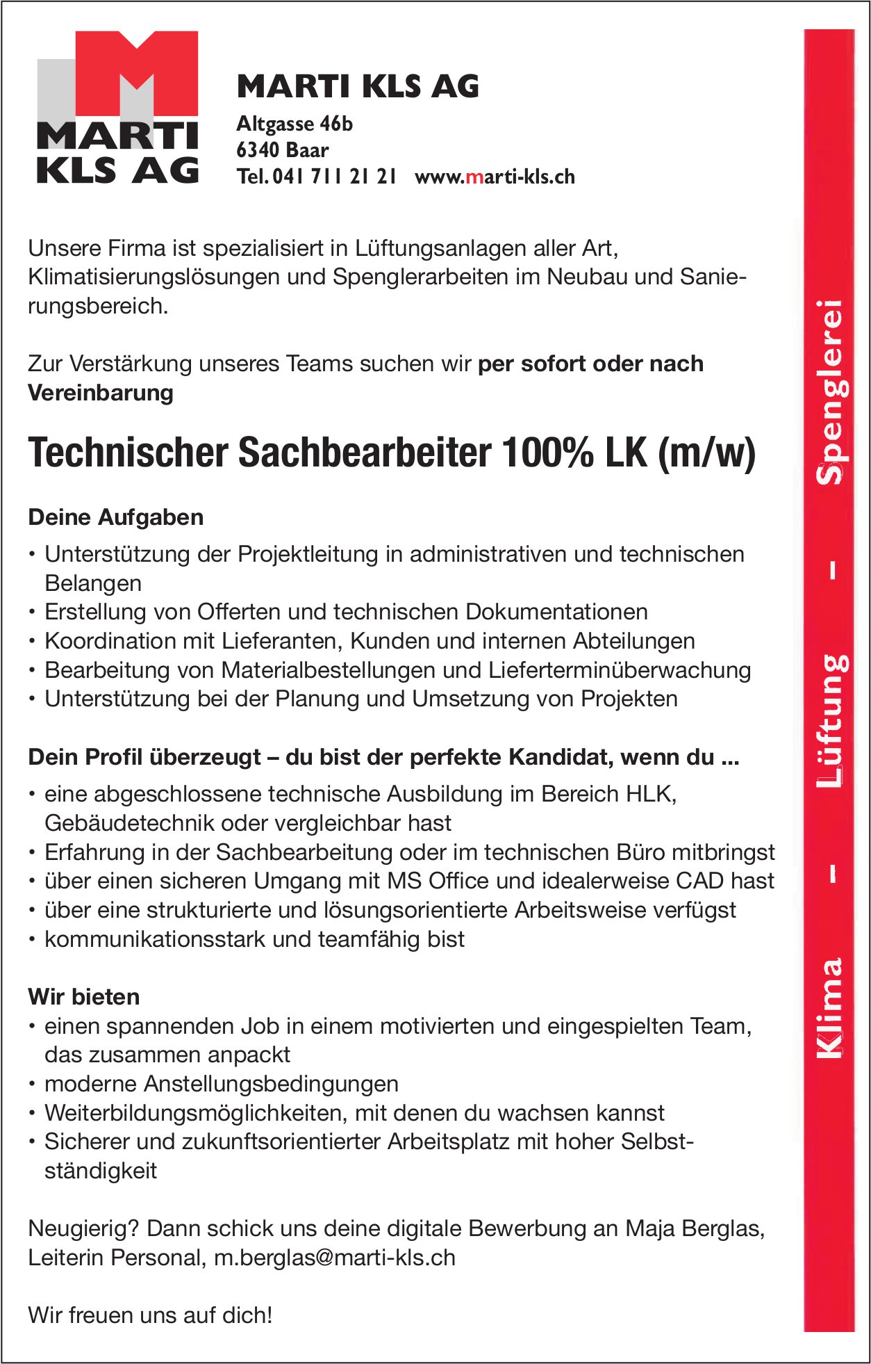 Technischer Sachbearbeiter 100% LK (m/w), Marti KLS AG, Baar, gesucht