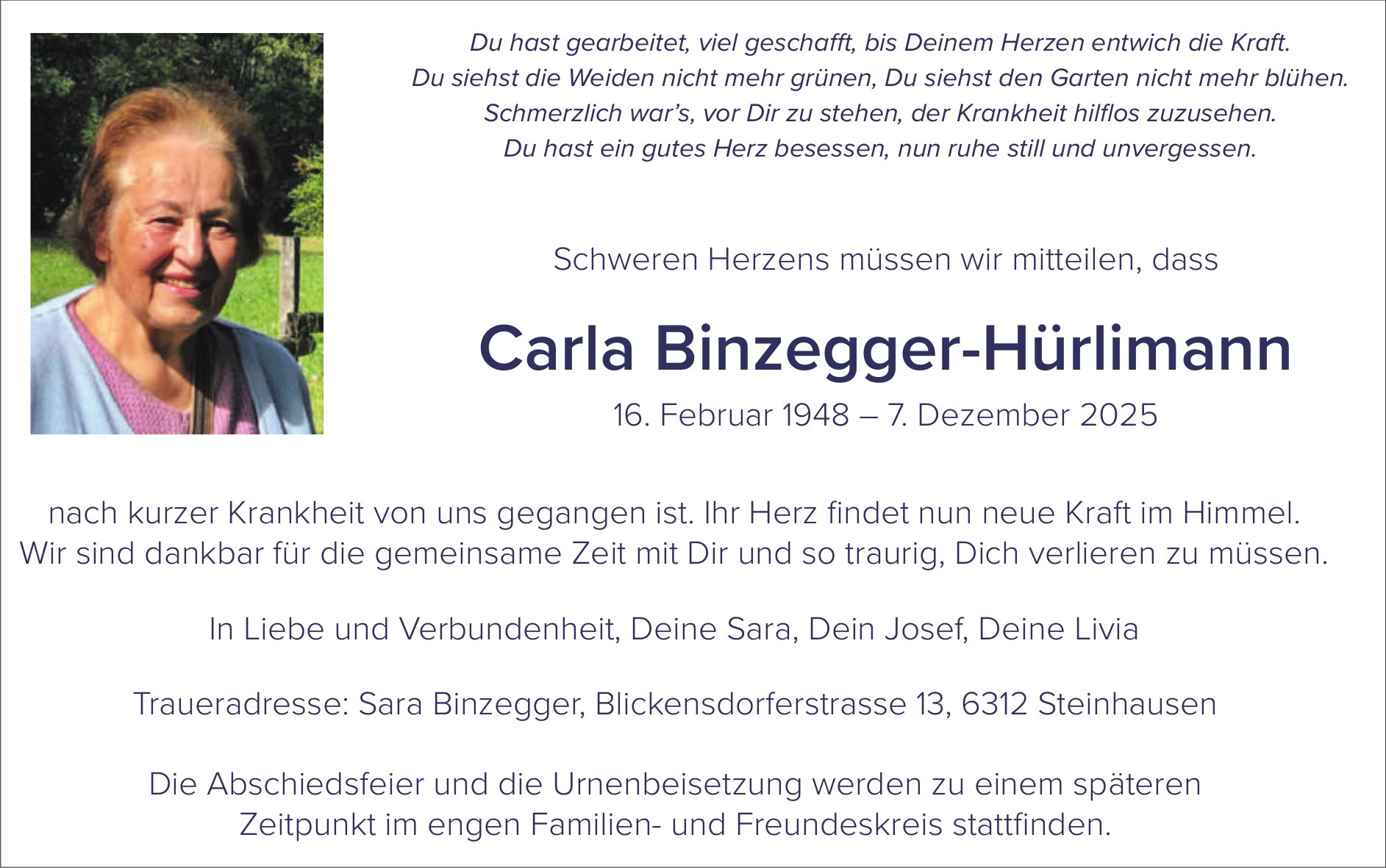 Binzegger-Hürlimann Carla, Dezember 2025 / TA