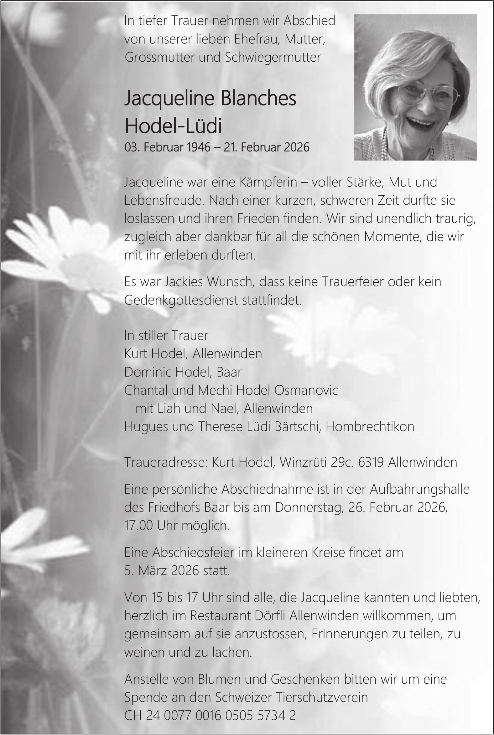 Jacqueline Blanches Hodel-Lüdi, Februar 2026 / TA