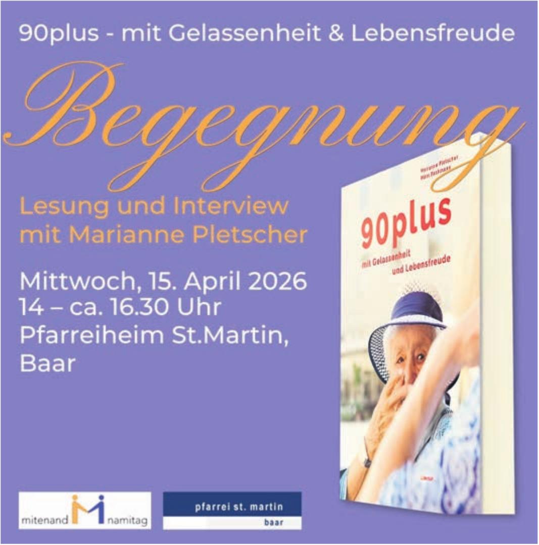 Begegnung - Lesung und Interview mit Marianne Pletscher, 15. April, Pfarreiheim St.Martin, Baar