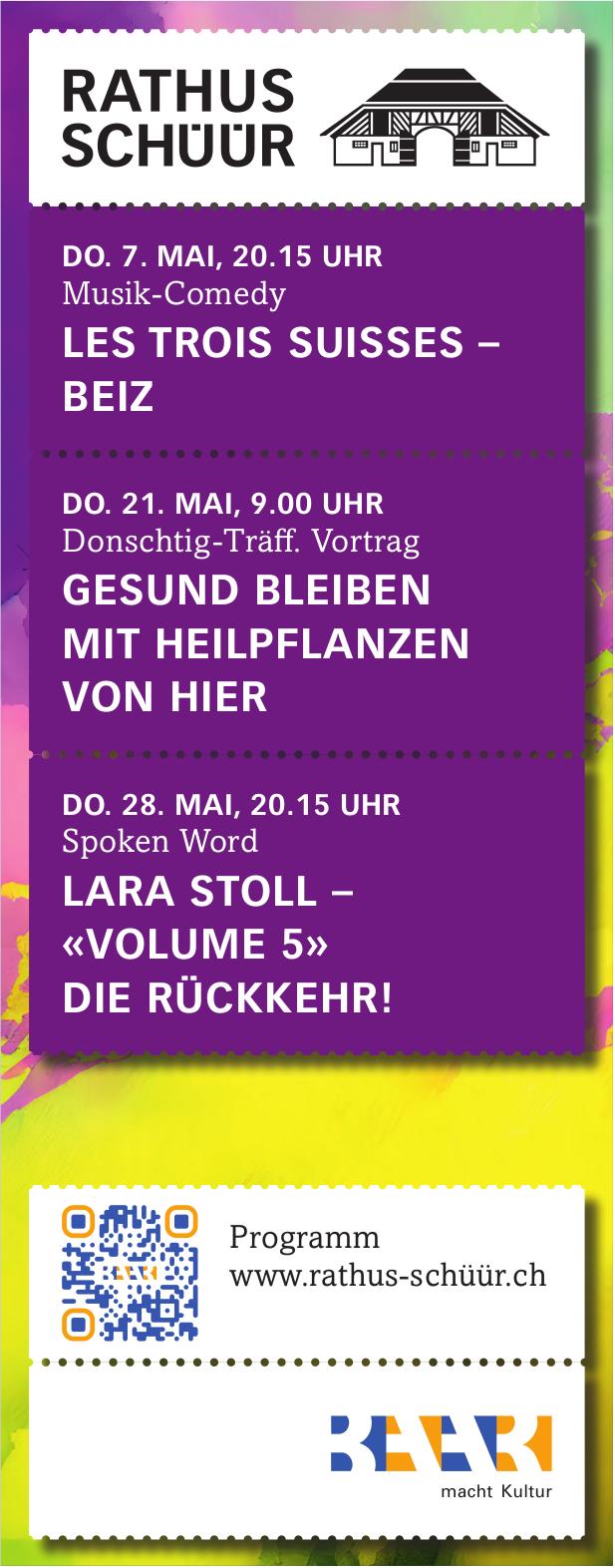 Programm, 7. / 21. / 28. Mai, Rathus-Schüür
