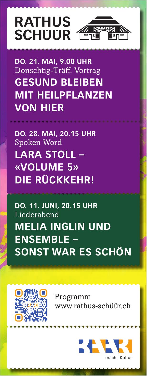 Programm, 21./28. Mai & 11. Juni, Rathus Schüür