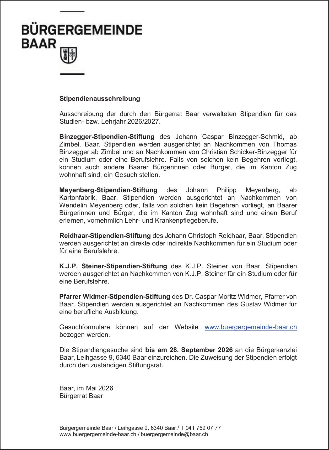 Bürgergemeinde Baar, Stipendienausschreibung