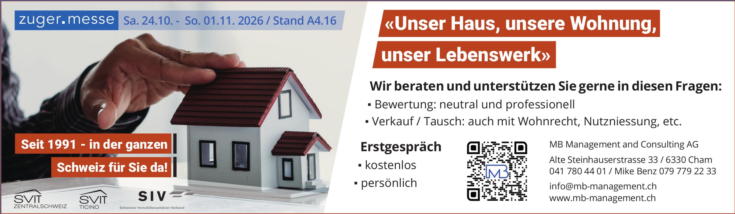 MB Management and Consulting AG, Cham - «Unser Haus, unsere Wohnung,  unser Lebenswerk» - Zuger Messe, 24.10. - 01.11. / Stand A4.16