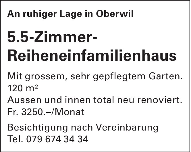 5.5-Zimmer- Reiheneinfamilienhaus, Oberwil, zu verkaufen