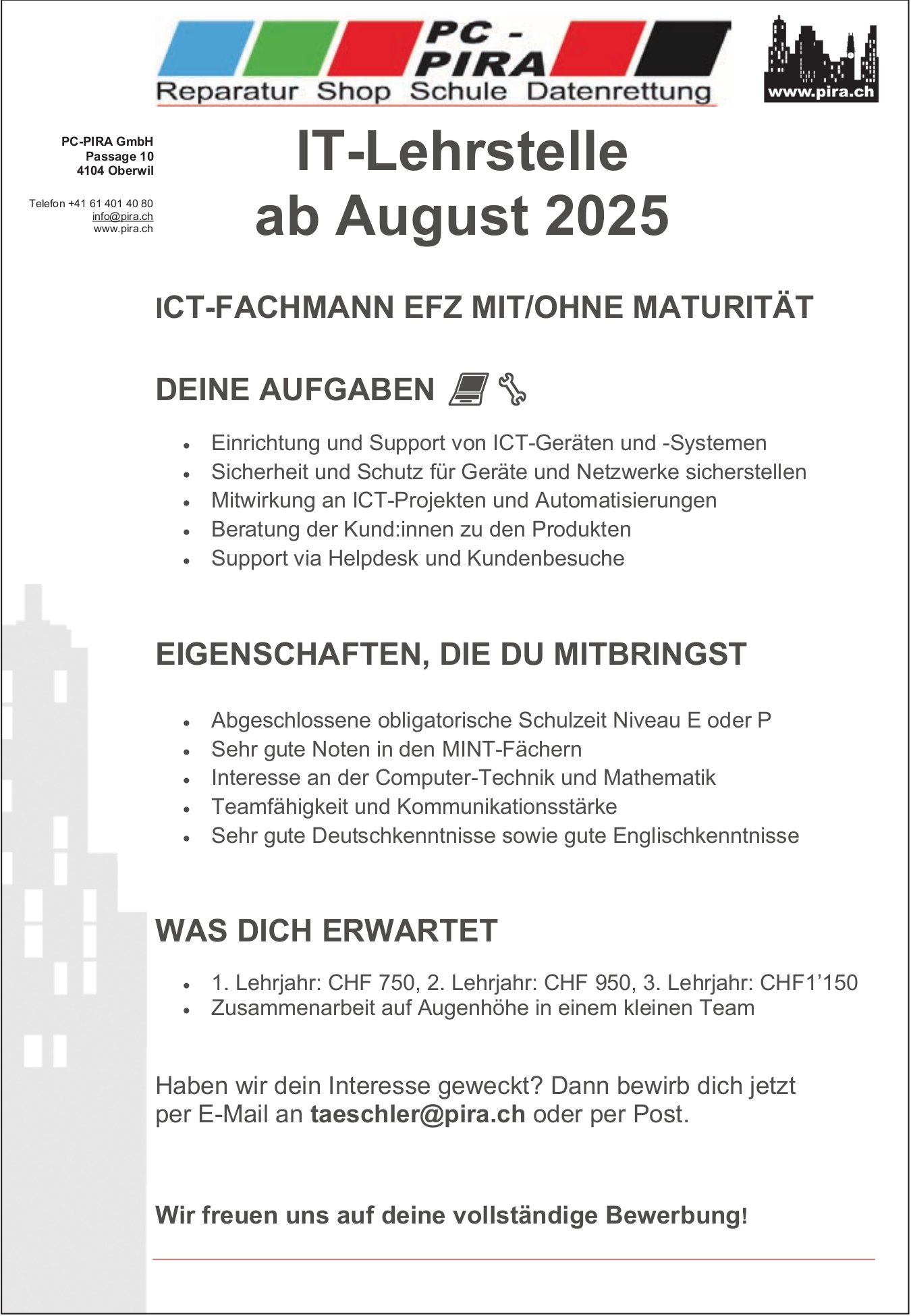 IT-Lehrstelle ab August 2025, PC-PIRA GmbH, Oberwil, gesucht