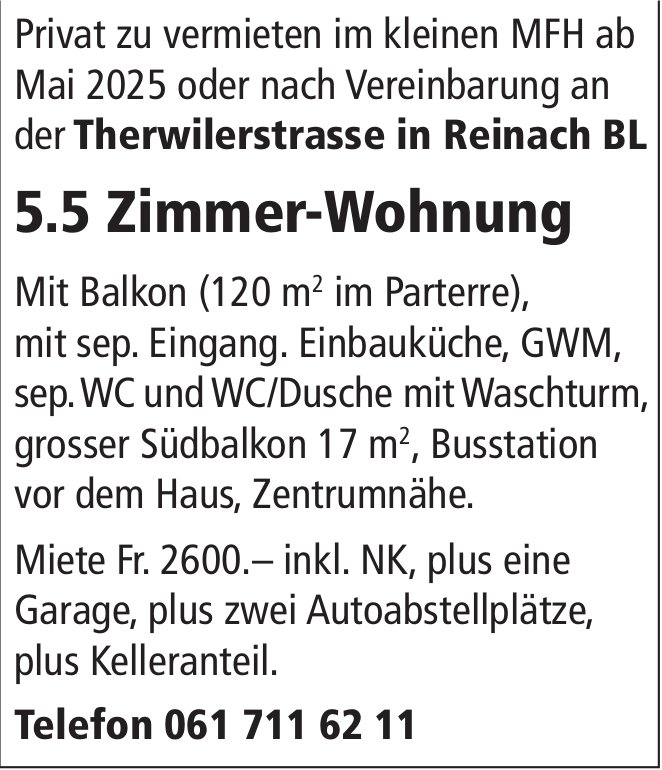 5.5 Zimmer-Wohnung Mit Balkon, Reinach, zu vermieten