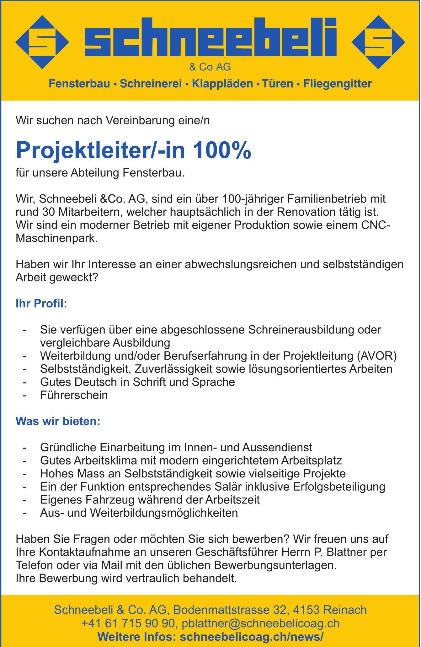 Projektleiter/-in 100%, Schneebeli&CO. Ag, Reinach, gesucht