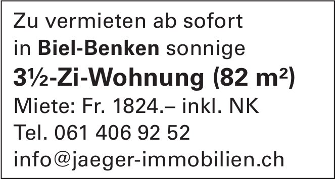 Sonnige 3½-Zi-Wohnung (82 m²), 3½-Zimmer-Wohnung, Biel-Benken, zu vermieten