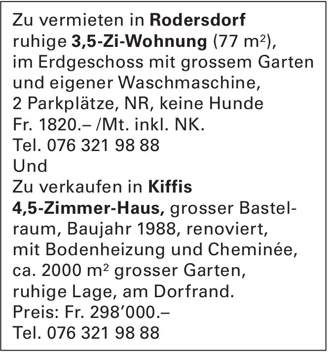 3, 5-Zi-Wohnung, 3½-Zimmer-Wohnung, Rodersdorf, zu vermieten