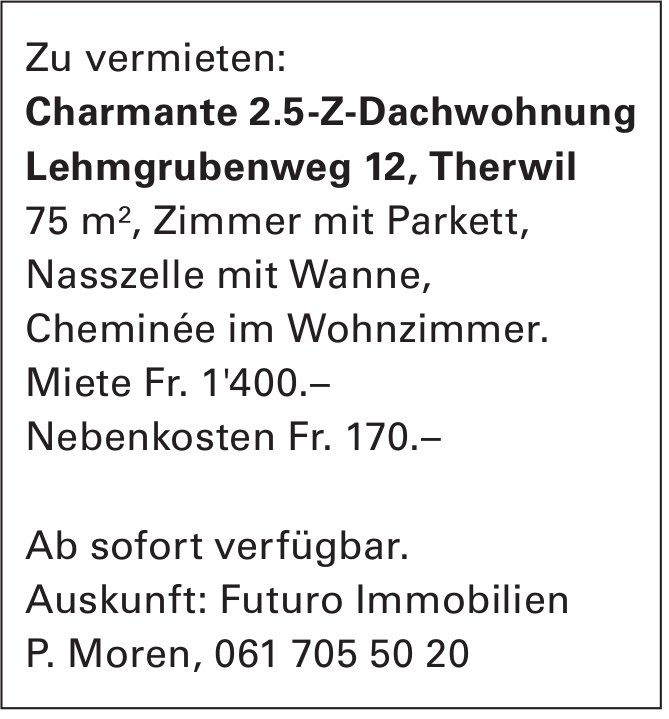 2.5-Z-Dachwohnung, 2½-Zimmer-Wohnung, Therwil, zu vermieten