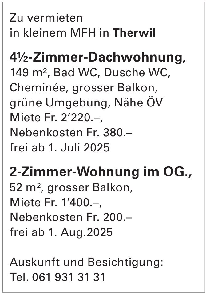 4½-Zimmer-Dachwohnung,, Therwil, zu vermieten