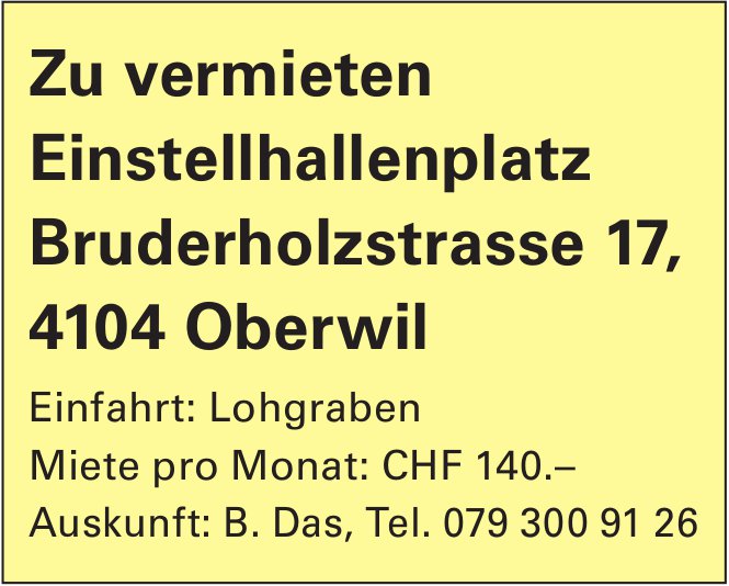 Einstellhallenplatz, Oberwil, zu vermieten