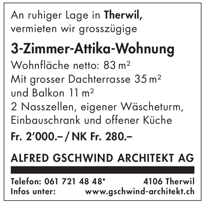3-Zimmer-Attika-Wohnung, Therwil, zu vermieten