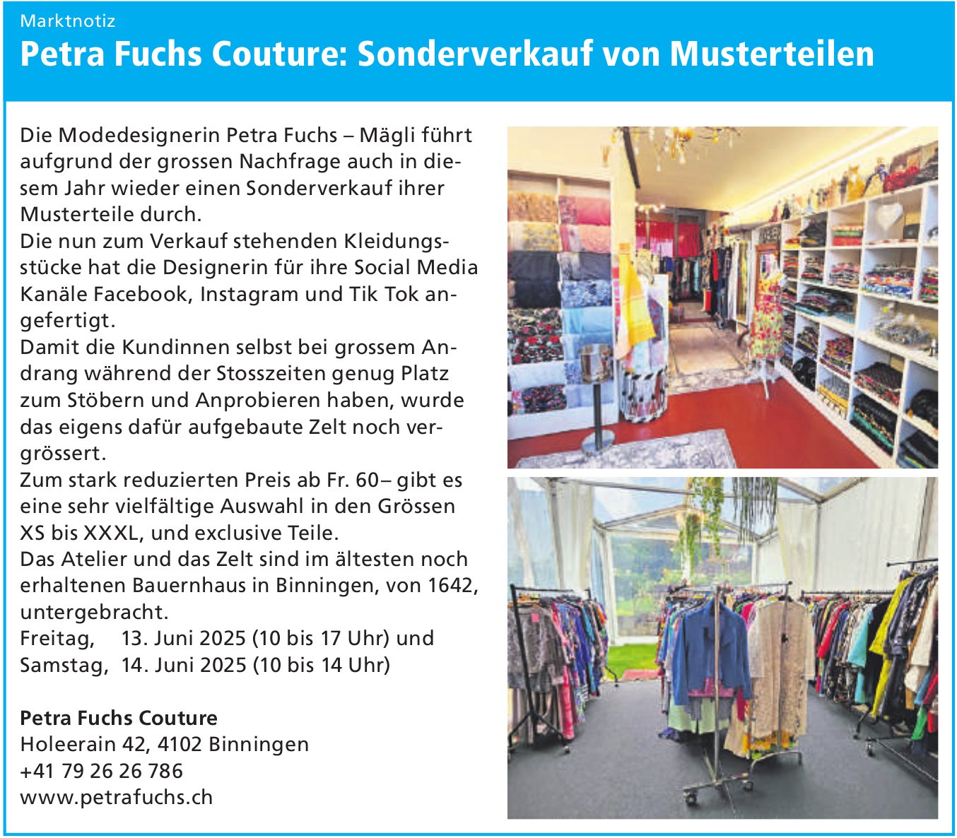 Petra Fuchs Couture, Binningen - Petra Fuchs Couture: Sonderverkauf von Musterteilen