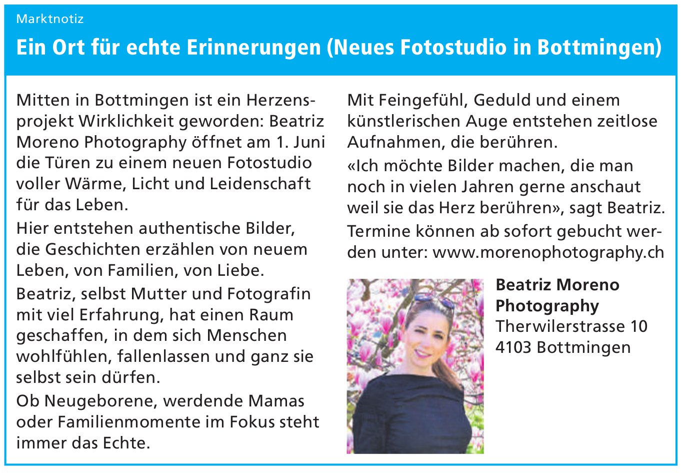 Moreno Photography, Neues Fotostudio in Bottmingen
