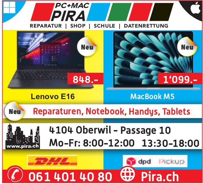 Pira, Oberwil - REPARATUR | SHOP | SCHULE | DATENRETTUNG