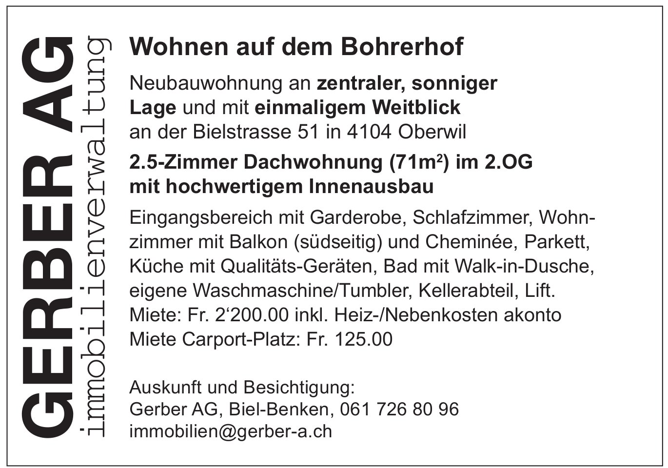 2.5-Zimmer Dachwohnung, Oberwil, zu vermieten
