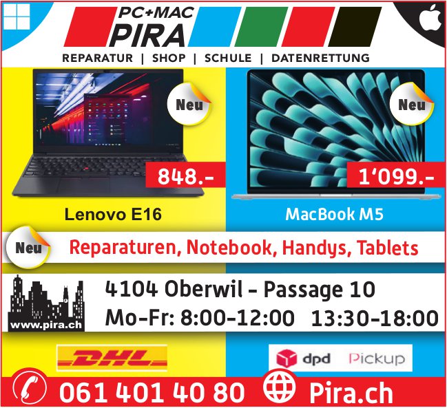 Pira, Oberwil - REPARATUR | SHOP | SCHULE | DATENRETTUNG