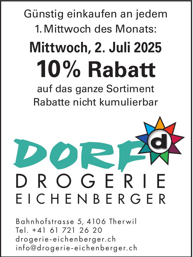 Drogerie Eichenberger, Therwil - 10% Rabatt auf das ganze Sortiment