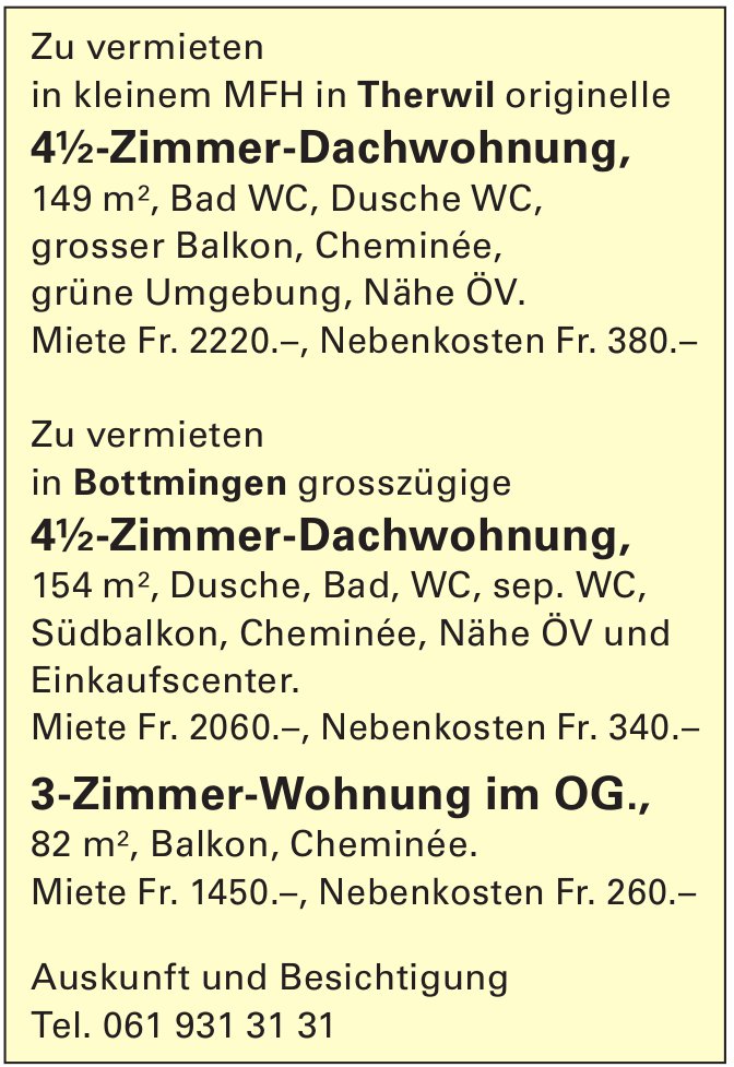 4½-Zimmer-Dachwohnung,, Bottmingen, zu vermieten